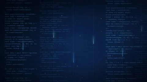Digital blue screen with scrolling computer code and data processing for Stock Footage 345765887