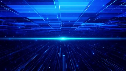 Digital blue speed visual radiant center glow, linear grid floor, overhead tech Stock Footage 340528473