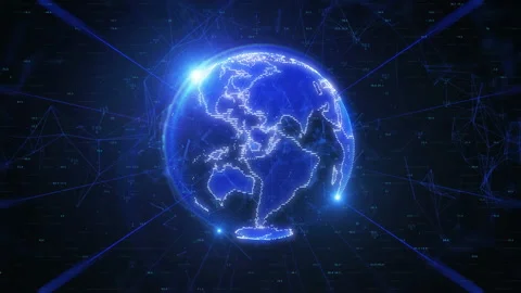 Digital Blue Spinning Earth Plexus Data Network Communication Stock Footage 167109386