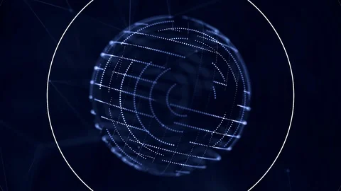 Digital, blue transparent sphere with small moving dots on its surface rotating Vídeos de archivo 102904377