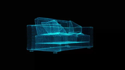 Digital Blue Wireframe Sofa: Futuristic Design Visualization in Virtual Space Stock Footage 344652810