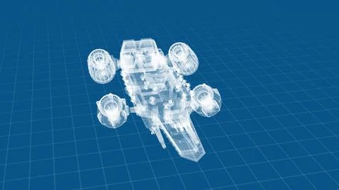 A digital blueprint of a futuristic spacecraft hovering over a grid patterne Illustrazione stock