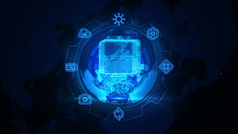 Digital Blueprint Holographic Device with Technology Icons Background 库存影片 339113485
