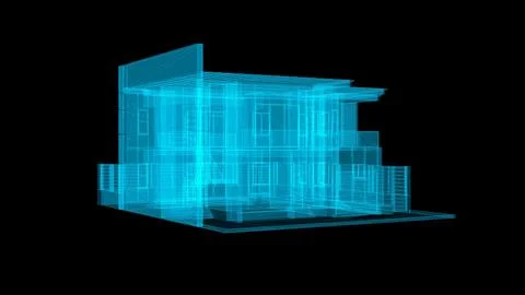 A digital blueprint of a modern architectural design illuminated in blue Stock Illustration