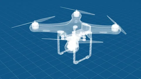 Digital Blueprint of Quadcopter Drone on Blue Grid Background Video stock 334583710