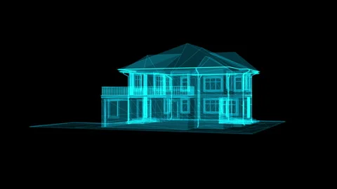 Digital Blueprint Wireframe of a Modern Two-Story House in Neon Blue on Bla.. 库存影片 334584003