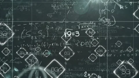 As digital board loading, 5G or 6G icons sliding and formulas drawing, sphere Stock Footage 317659918