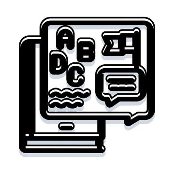Digital book displaying language learning and education concepts Illustrazione stock