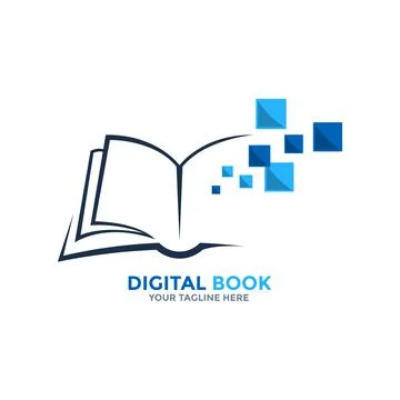 Digital book logo. On-line educational blue book logo. Open book with pages and Stock Illustration