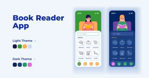 Digital book reader cartoon smartphone interface vector templates set Stock Illustration