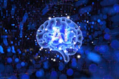 Digital brain with AI text against a futuristic binary code background. Con.. Stock Illustration
