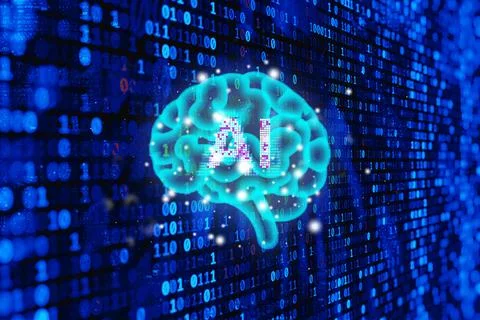 Digital brain with AI text against a futuristic binary code background. Con.. Stock Illustration