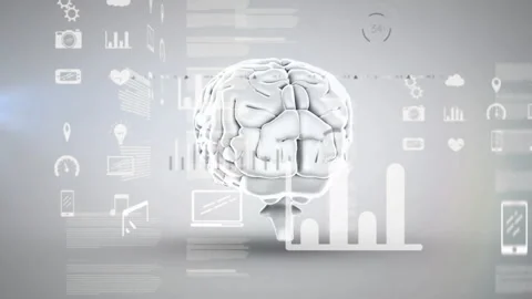 Digital brain and data analytics animation over technology icons and graphs Stock Footage 304019642