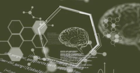 A digital brain and hexagonal shapes float over green background with code 스톡 사진