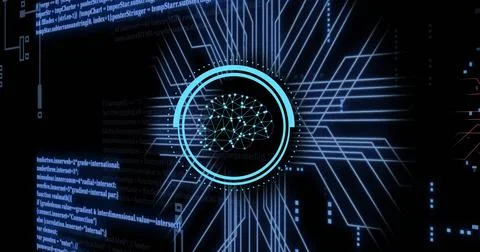 Digital brain and neural network image over futuristic blue lines on black Foto stock