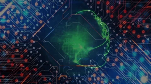 Digital brain animation glowing over electronic circuit board background in Video stock 303870181