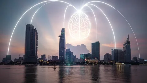 Digital brain as Artificial Intelligence connecting people in smart city. Stock Footage 281093345