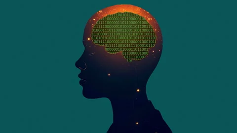 Digital brain with binary code inside human head silhouette Stock Footage 309098688