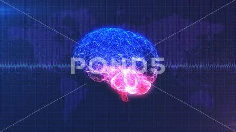 Digital brain with brainwave in front of data map of the Earth Stock Illustration