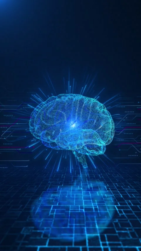 Digital brain circuit grid glowing neural particle model, blue floor lines, and Stock Footage 340567362