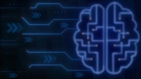 Digital brain circuitry glowing with blue network lines and arrows. Artific.. Stock Footage 337023068