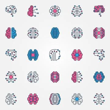 Digital Brain colored icons set - vector AI Smart brain signs 库存插图