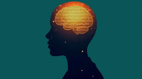 Digital Brain Concept with Binary Code Inside Human Silhouette Stock Footage 323798853