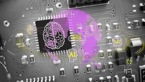 Digital brain concept connecting smart chip with tech symbols. 3D graphic. Stock Photos