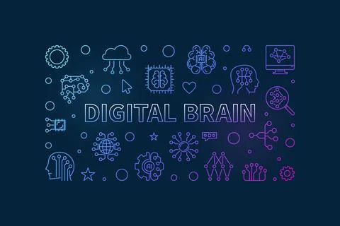 Digital Brain concept horizontal thin line colored banner. Vector illustratio Illustrazione stock