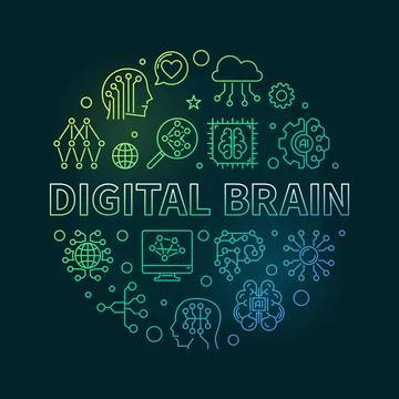 Digital Brain concept round outline colored banner - vector illustration Illustrazione stock