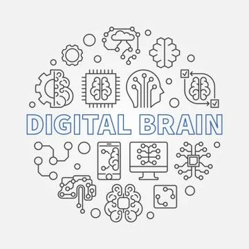 Digital Brain concept round vector illustration in outline style Illustrazione stock