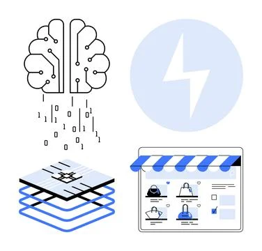 Digital brain with data flow, layered tech stack, and e-commerce website scre Stock Illustration