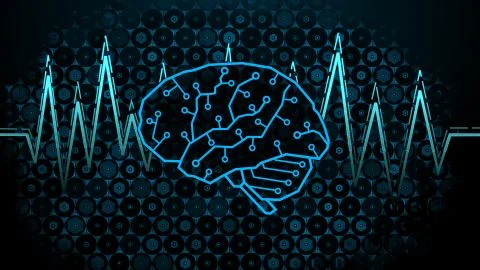 Digital Brain Design with Brainwave and Random Abstract Hexagon Tech Background Stock Illustration