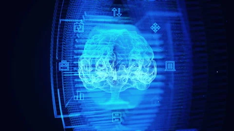 Digital Brain in Futuristic Blue Technology Abstract with Neural Icons Stock Footage 339246709