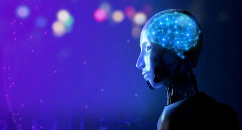 Digital brain glow in the humanoid robot head on blue network and city, blu.. Stockillustratie