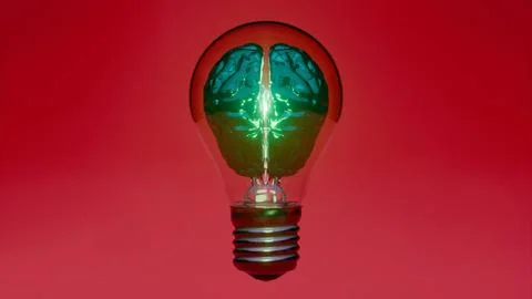 Digital brain glowing inside light bulb over red background 스톡 일러스트