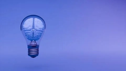 Digital brain glowing inside light bulb over purple background Stock Photos