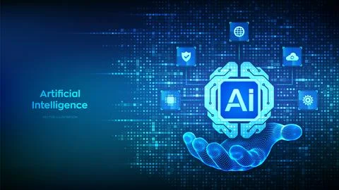 Digital brain icon made with binary code in hand. Artificial Intelligence t.. Stock Illustration