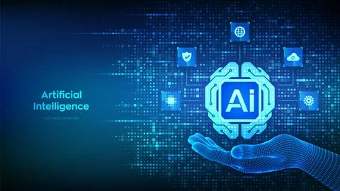 Digital brain icon made with binary code in hand. Artificial Intelligence tec Stock Illustration