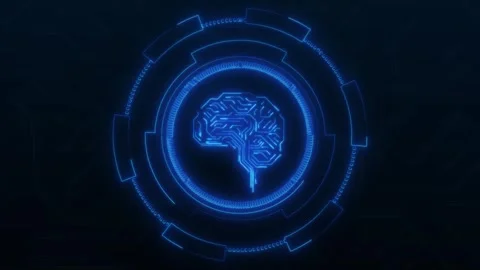 Digital brain icon within circular interface. Cyber digital brain icon for .. Stock Footage 338348181