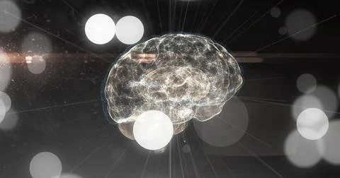 Digital brain image with glowing connections over abstract light circles 库存插图