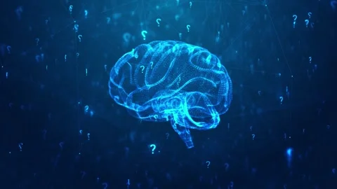 Digital brain inquiry visual with cyan neural anatomy, question symbols, and dar Stock Footage 340549829