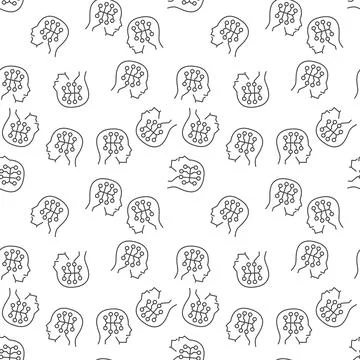 Digital Brain inside Head vector line seamless pattern Stock Illustration