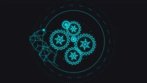 Digital brain interface with rotating gears schematic on dark background. Stock Footage 341290046