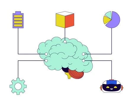 Digital brain machine learning 2D linear cartoon object イラスト素材