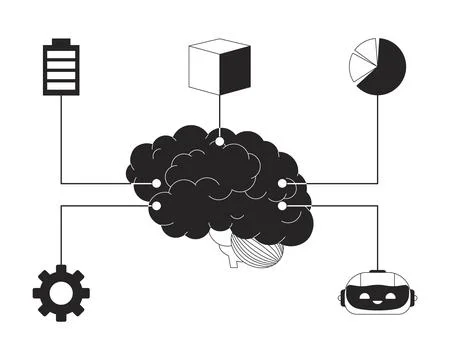 Digital brain machine learning black and white 2D line cartoon object Illustrazione stock