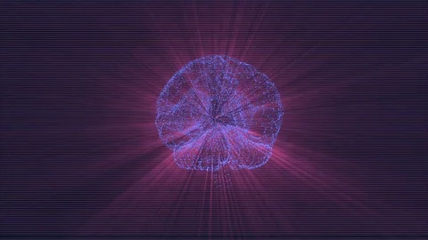 Digital brain made of beaming particles floating in black space and illuminating Stock Footage 121796559