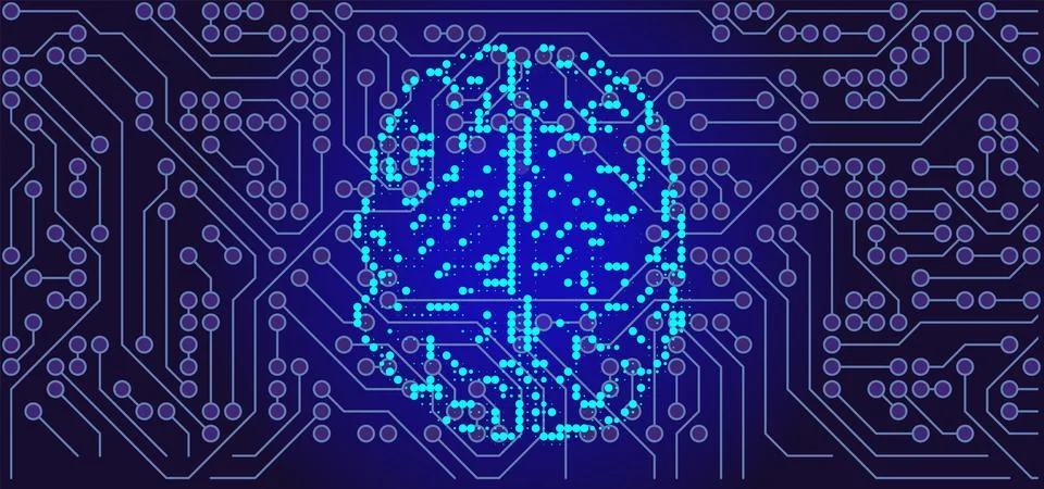 Digital Brain Made of Glowing Dots Integrated with Circuit Board Pattern for Bio Stock Illustration
