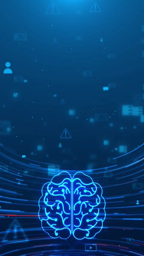 Digital brain media interface glowing neural icon, streaming symbols, warning si Stock Footage 340567480