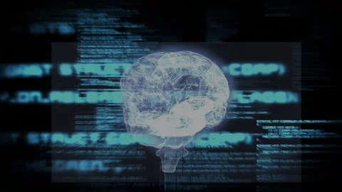 Digital brain model with coding and data processing animation in background Stock Footage 303692779